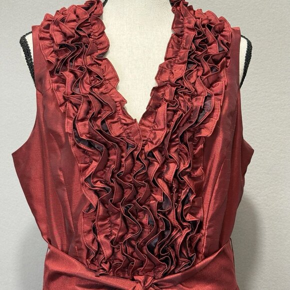 Jessica Howard Midi Party Dress Sz 12 Wine Taffeta Sleeveless Ruffle Fit & Flare - Picture 5 of 10